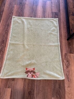 Carter's Olive Green Plush Baby Blanket with raccoon